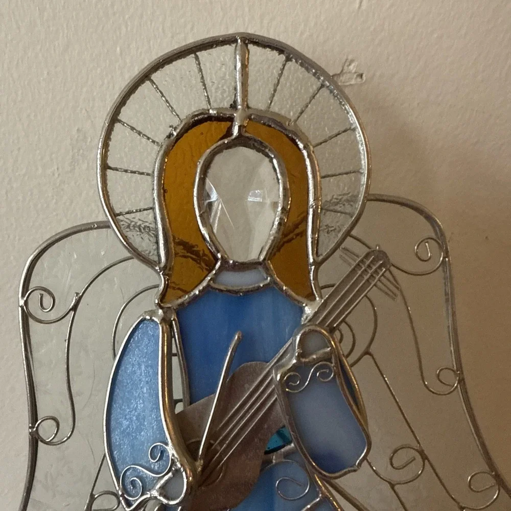Vintage Blue Angel Stained Glass Votive Candle Holder Christmas 10